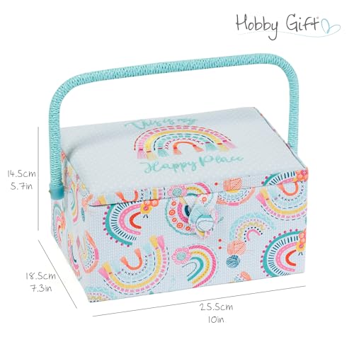 Hobby Gift Medium Sewing Box Organiser, Fabric Covered Storage Box with Handle, Internal Tray, Pin Cushion and Pocket for Sewing, Quilting and Knitting Supplies - color: Rainbow