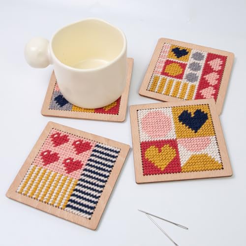 Yushen 4Pcs Heart Coaster Needlepoint Kit for Adult Cross Stitch Kits DIY Adults Needlepoint Embroidery Set No Patterns Stamped Embroidery Needles Threads Crafts (Love) - color: Love