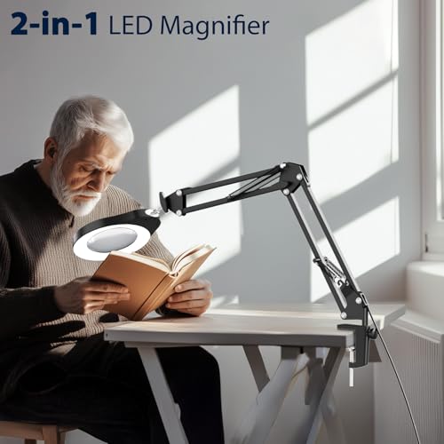 15X Magnifying Glass with Light and Stand, 84 LED Desk Magnifying Glass wtih Clamp,5 Color Modes Stepless Dimmable LED Lighted Desk Lamp for Craft Hobby Painting Reading Sewing Close Work - size: 15X LampB