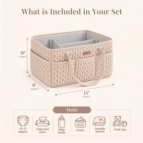 Konssy Baby Diaper Caddy Organizer, Braided Quilted Design with PU Handles - color: Beige