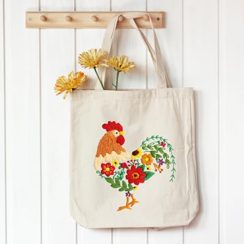 Louise Maelys Embroidery Kit Canvas Tote Bag for Beginners, Floral Rooster - color: rooster Flower