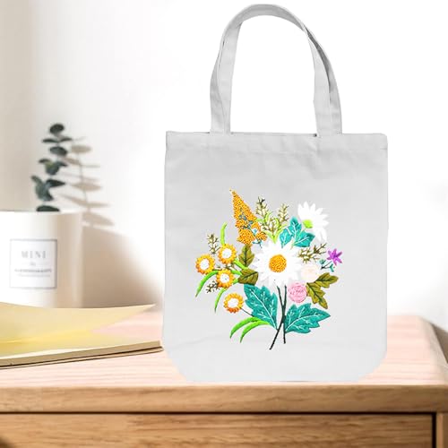 CREAWONDER Canvas Tote Bag Embroidery Kit with Pattern for Beginners, Arts and DIY Embroidery Crafts Kits for Adults, Include Instructions, Thimble, Embroidery Hoops, Color Threads and Tool - color: CR002 chenhuicaoxin beige