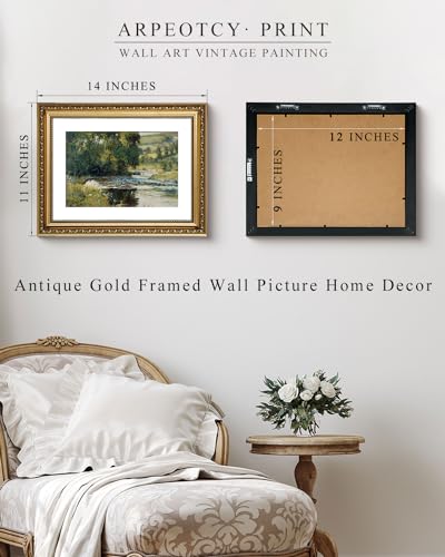 ARPEOTCY Vintage Gold Framed Wall Art, Nature Streamside Retro Paintings, Canvas Prints Artwork with Antique Frame, Victorian Wall Pictures Decor for Living Room Gallery Room 11x14 inch - color: Streamside, size: 14"L x 11"W
