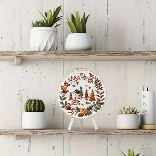 Embroidery Kit for Beginners, Boho Nature Landscape Pre-Stamped Pattern Kits for Adults with Hoop, Easy to Follow Color Thread Needlework