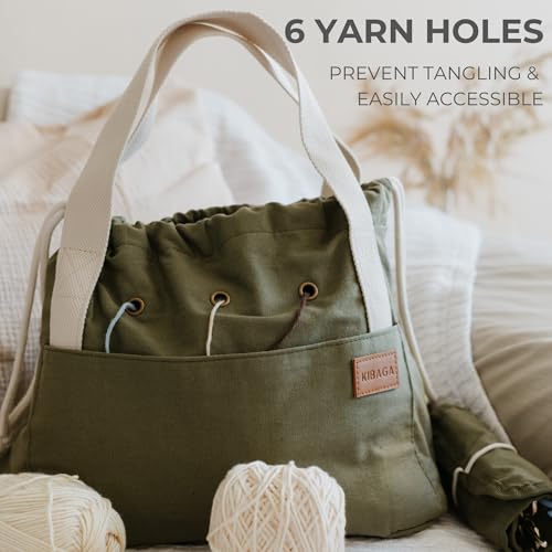Stylish Crochet Bag Organizer for Yarn - Durable Canvas with 8 Pockets - color: Sage