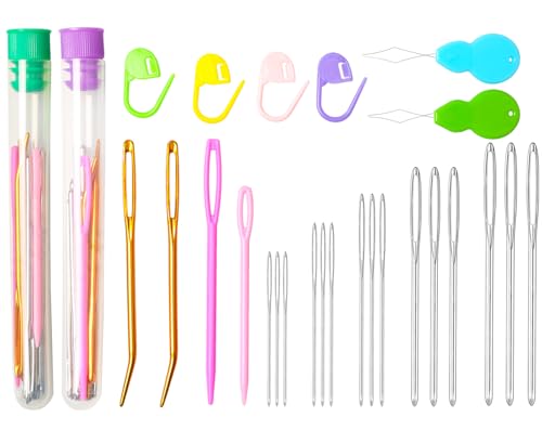 Hekisn 45Pcs Large Eye Blunt Yarn Needles kit, Assorted Sizes Bent Tapestry Darning Needle, Sewing Needles with Needle Threaders & Stitch Markers for Knitting Crochet (Purple&Green) - color: Purple&Green