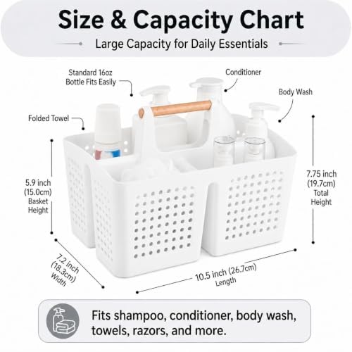 Portable Shower Caddy Basket with 3 Compartments and Handle, White - color: White