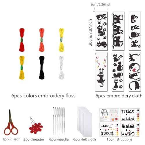 FREEBLOSS 6 Set Cross Stitch Bookmark Kits 11CT 8"x2.4" Black Cat Theme - style: Sketched kitten