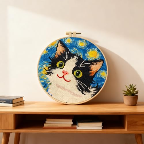 LSLFQYQSK Beginners Embroidery Kits - The Little Cat at Night DIY Cross Stitch Kits,Including,Stamped Flower Patterns,Hoop,Color Threads,Tools (Style C) - style: Style C