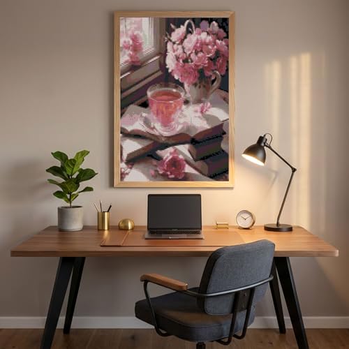 Books and Flowers Stamped Cross Stitch Kits，Flower Embroidery Starter Kit for Adult Beginners, 11CT Cross-Stitch Patterns Dimensions Kit Arts，Needlepoint Kit Crafts for Home Decor 15.7x11.8 inch - color: T006
