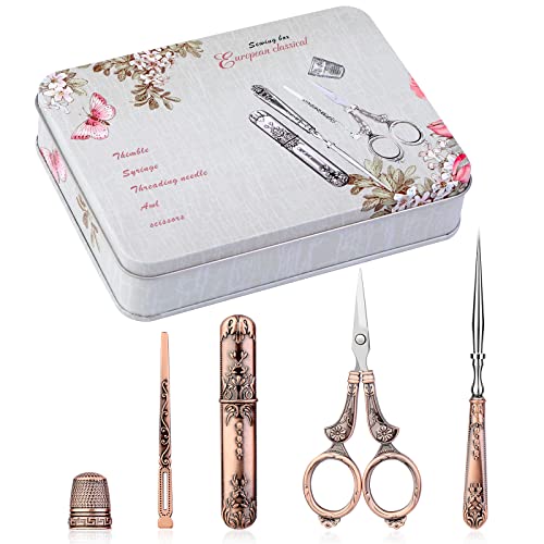 BUTUZE Embroidery Scissors Kit, European Antique Vintage Sewing Kit, Complete Vintage Sewing Tools with Embroidery Scissors,Original Case,Sewing Needle Case, Awl for Sewing, Craft, Needlework - color: Patina