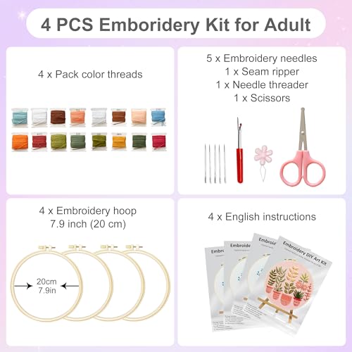 Huacan Embroidery Kit for Adults Beginners with 4 Hoops & Gift Box - color: Potted Plants 1