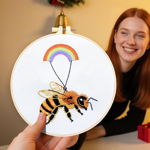 Crafmanoe Cute Bees Embroidery Kits for Beginners Adults, Hand Embroidery Starters Kits, Stamped Cross Stitch Kits DIY Needlepoint Kits for Beginners Adults, Embroidery Hoop, Thread and Video Tutorial - color: H2079