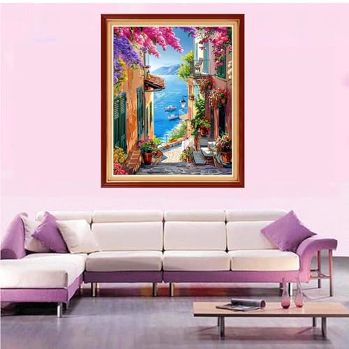 Artvxeay Stamped Cross Stitch Kits Beginners Full Range of Embroidery Starter Kits for Adults Printed Cross Stitching DIY Needlepoint Kit 11CT- Seaside Flower Street 16x20 inch - color: Color50