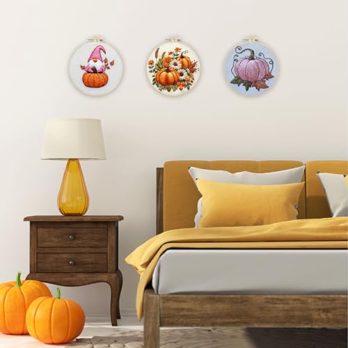LB Pink Fall Embroidery Kit for Beginners Adults, 3 Sets Hand Embroidery Starter Kit with Gnome Pattern and Instructions Stamped Cross Stitch Kits Include Embroidery Hoop Needles Threads Scissors - color: Orange Pink