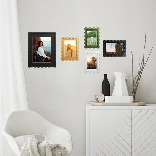 8x10 Picture Frame with Mat for 5x7, Wavy Edge Wooden Real Glass Photo Frame for Tabletop and Wall Hanging, Black, 1 Pack - color: Black, size: 8x10 in