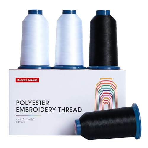 Poolin Black and White Embroidery Thread Set – Richword Selected 4 Rolls, 40WT Polyester 4000M for Home & Commercial Embroidery Machines-2 Black, 2 White - color: 2White+2Black