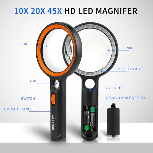 Magnifying Glass with 30 LED Lights, 10X 20X 45X Handheld Illuminated - color: Black & Orange