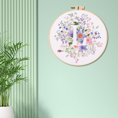 IUHUI Embroidery Kit for Beginners Adults - 26 Floral Letters Easy Patterns, DIY Hand Stitching Embroidery Set with Hoop (Flower and Grass Letter L) - color: Flower and Grass Letter L