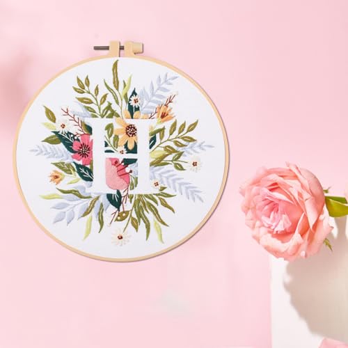 IUHUI Embroidery Kit for Beginners Adults - 26 Floral Letters Easy Patterns, DIY Hand Stitching Embroidery Set with Hoop (Flower and Grass Letter H) - color: Flower and Grass Letter H