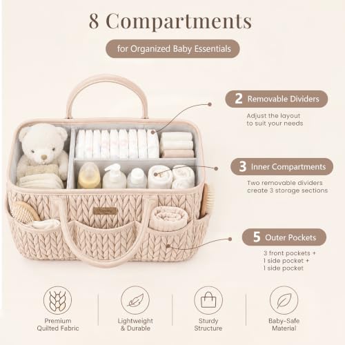Konssy Baby Diaper Caddy Organizer, Braided Quilted Design with PU Handles - color: Beige