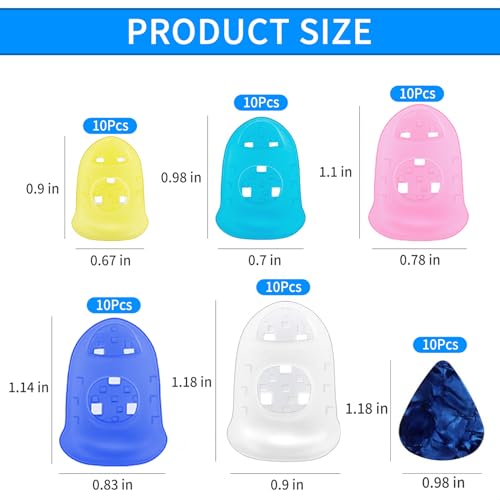 50 Pcs Colorful Guitar Silicone Finger Protectors, Guitar Fingertip Protector Caps in 5 Sizes for Beginner Playing Electric Guitar and 10 Guitar Picks - color: Colorful 50 pcs + 10 Guitar Picks