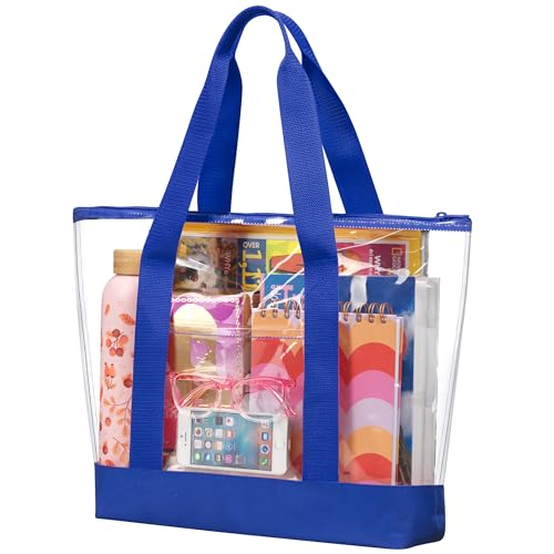 Handy Laundry Clear Tote Bag - Zipper Closure, Long Shoulder Strap, Fabric Trimming. - color: Blue