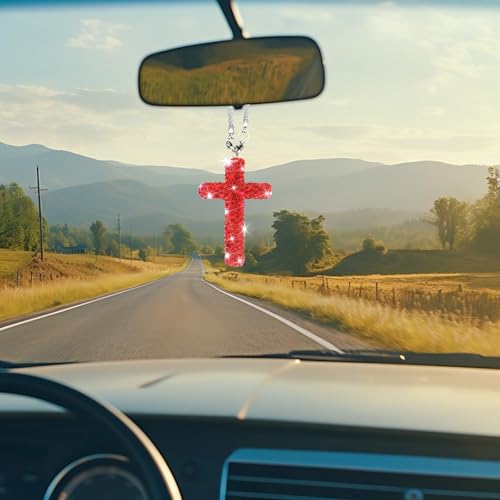 Bling Car Rear View Mirror Accessories Hanging Pendant,Cross Crystal Rhinestone For Car Mirror Hanging,Double-Sided Cross Diamond Religious,Interior Men Women Car Accessories - color: Red