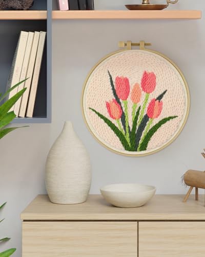 ERKOON Punch Needle Kit Beginners Adults, DIY Easy Flower Embroidery Set for Starter Art Craft, Needling Punching Project with Patterns, Tools, Yarns, Hoop, Instruction (Tulips) - color: Tulips