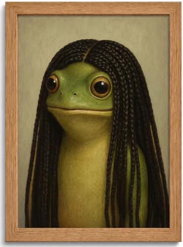 Whimsical Frog Wall Art Funny Braids Frog Framed Picture for Bathroom Decor - color: Frog Braids, size: 16"L x 12"W