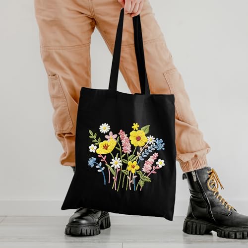 Nuberlic Embroidery Tote Bag Kit for Beginners with Floral Pattern - color: Floral