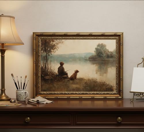 Glod Framed Vintage Fishing Boy Canvas Wall Art Farmhouse Country Boy and Dog Fishing Landscape Paintings Pictures Wall Decor Posters Prints Artwork for Bedroom Office Gallery Home Decoration - color: Fishing boy, size: 16"L x 12"W