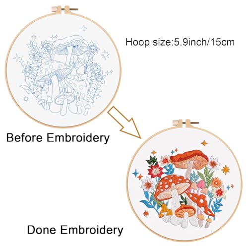 Louise Maelys Embroidery Kit for Beginners, Mushroom Canvas Makeup Bag - color: Mushroom Flower