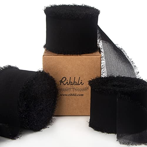 Ribbli Black Chiffon Ribbon - 1.5 inch x 30 Yard Handmade Silk, Fringe Chiffon for Wedding Invitations, Gift Wrapping, Bridal Bouquets, Flower Arrangement - color: Black