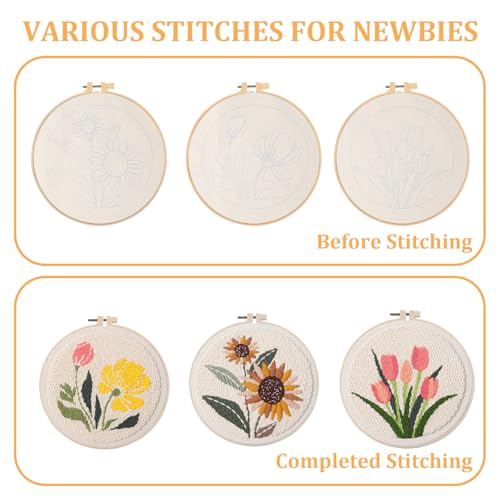 3 Pcs Punch Needle Kits, 7.87 Inch Flower Punch Needle Kit Sunflowers and Tulips Needles Punching kit with Hoop, Instruction, Fabric, Sewing Needles, Yarns, Scissors for Adult, Beginner, Children - size: Style B