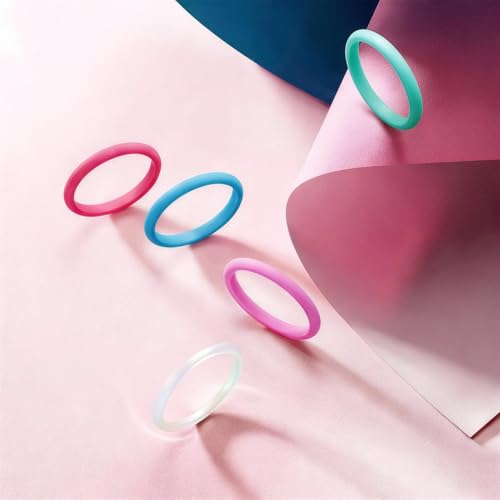 Egnaro Women's Silicone Wedding Ring 2.5mm Wide 1.8mm Thick Rubber Band Set - color: SETA1-Blush Pink, Chill Blue, Mint Green, Sugar Pink, Metallic Pearl White