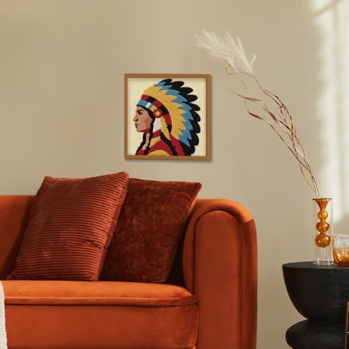 Doodlream Native American Chief Needle Kit for Beginner, 9.4"x 9.4" Tribal Punch Stitching Craft Set, Woman DIY Embroidery Starter with Printed Frame, Instruction, Threader, Yarn, Pinch Needle - color: Native American Chief