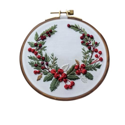 Christmas Embroidery Kit DIY Hand Embroidery Starter Cross Stitch Kits, Christmas Ornaments Embroidery with Stamped Pattern,Cotton,Threads,Needles,Instructions for Adults Beginners (Wreath) - color: Wreath