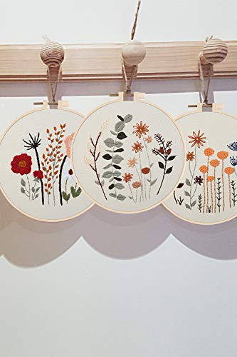 Uphome 3 Pack Embroidery Starter Kit for Beginners Stamped Cross Stitch Kits with Cute Flowers and Plants Patterns with 1 Embroidery Hoop and Color Threads for Adults Kids