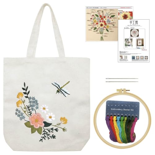 Yangshine Canvas Tote Bag Embroidery Kit with Pattern, Cross Stitch Kits for Beginners, Adults Arts Crafts Needlepoint Kit Include Embroidery Bag, Hoop and Instruction (Beige Bag, Flower and Dragfly) - color: Beige Bag, Flower and Dragfly