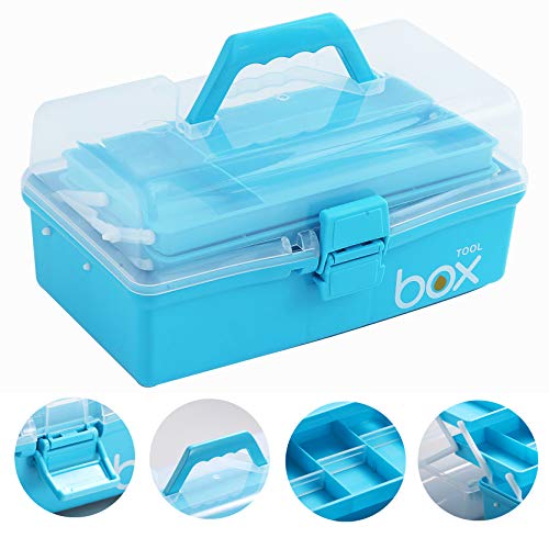Kinsorcai 12'' Three-Layer Clear Art Box Organizer, Multipurpose Plastic Craft Box with Handle (Blue) - color: blue, size: 1PCS
