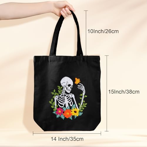 Louise Maelys Halloween Embroidery Kit Canvas Tote Bag, Skull Floral - color: skull flower