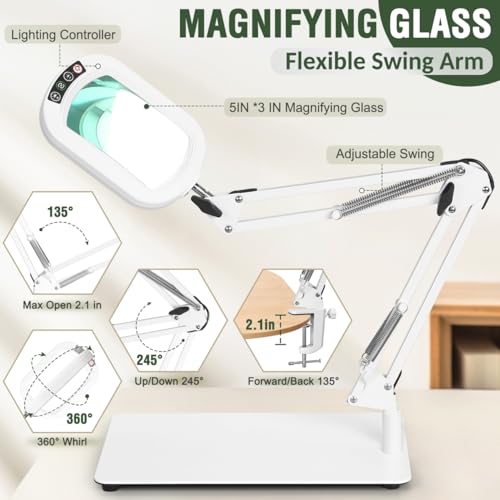 Veemagni 12X Rectangle Magnifying Glass with Light and Stand, 5 Color Modes Stepless Dimmable, 2-in-1 LED Lighted Desk Lamp & Clamp, Hands Free Magnifier for Reading Crafts Painting Close Work - White - color: White