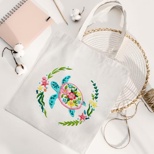 Nuberlic Embroidery Tote Bag Kit for Beginners with Sea Turtles Pattern - color: color2