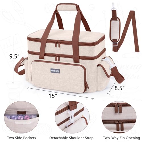 AMOIGEE Large 15" Double-Layer Sewing Organizer Bag w/Detachable Dividers - color: Ivory