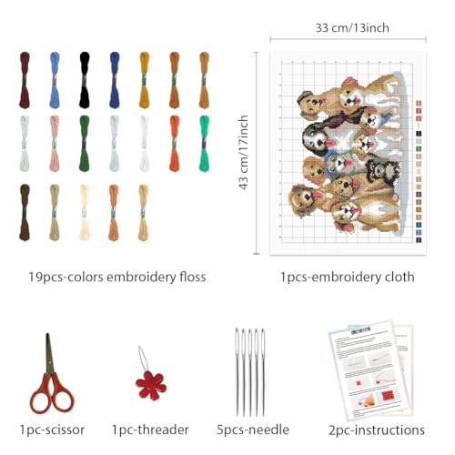 FREEBLOSS 11CT Dog Cross Stitch Kits for Adults Stamped Cross Stitch Wall Hanging Kit Embroidery Starter Set with English Instructions, Sufficient Threads for Beginners