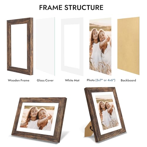 Hongkee 5x7 Picture Frame with Real Glass Wood Frame, 1 Pack (with Mat 4x6) - color: Rustic Brown, size: 5X7 in