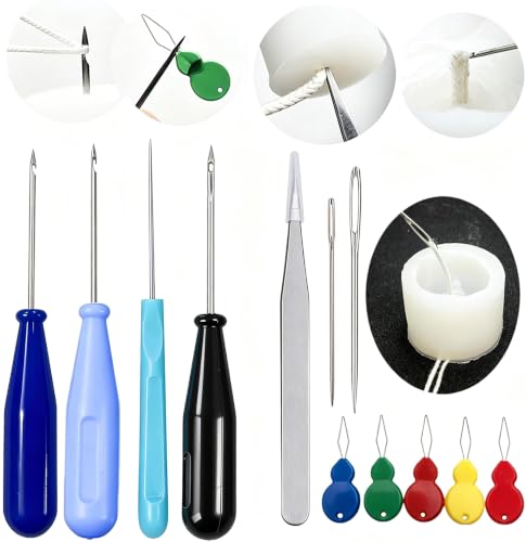 TYMKLMZG 12 PCS Candle Punch Wicking Needle Tools with Hook & Eye Candlewick Inserting Tool Tweezer for Silicone Molds Large-Eye Candle Wicking Needle Threader for Candlewick of All Thicknesses - color: 11PCS