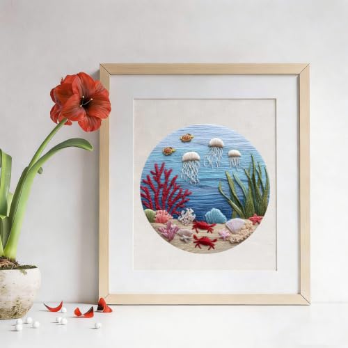 LYMIGER 3 Packs Embroidery Kit for Adults, Embroidery for Beginners (Sea) - color: Sea