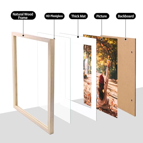 KINLINK 11x14 Picture Frame Natural, Solid Wood Frame 11x14 with Acrylic Plexiglass for Pictures 5x7/8x10 With Mat,Tabletop and Wall Display, 11 x 14 Picture Frame Set of 1 - color: Natural, size: 11x14
